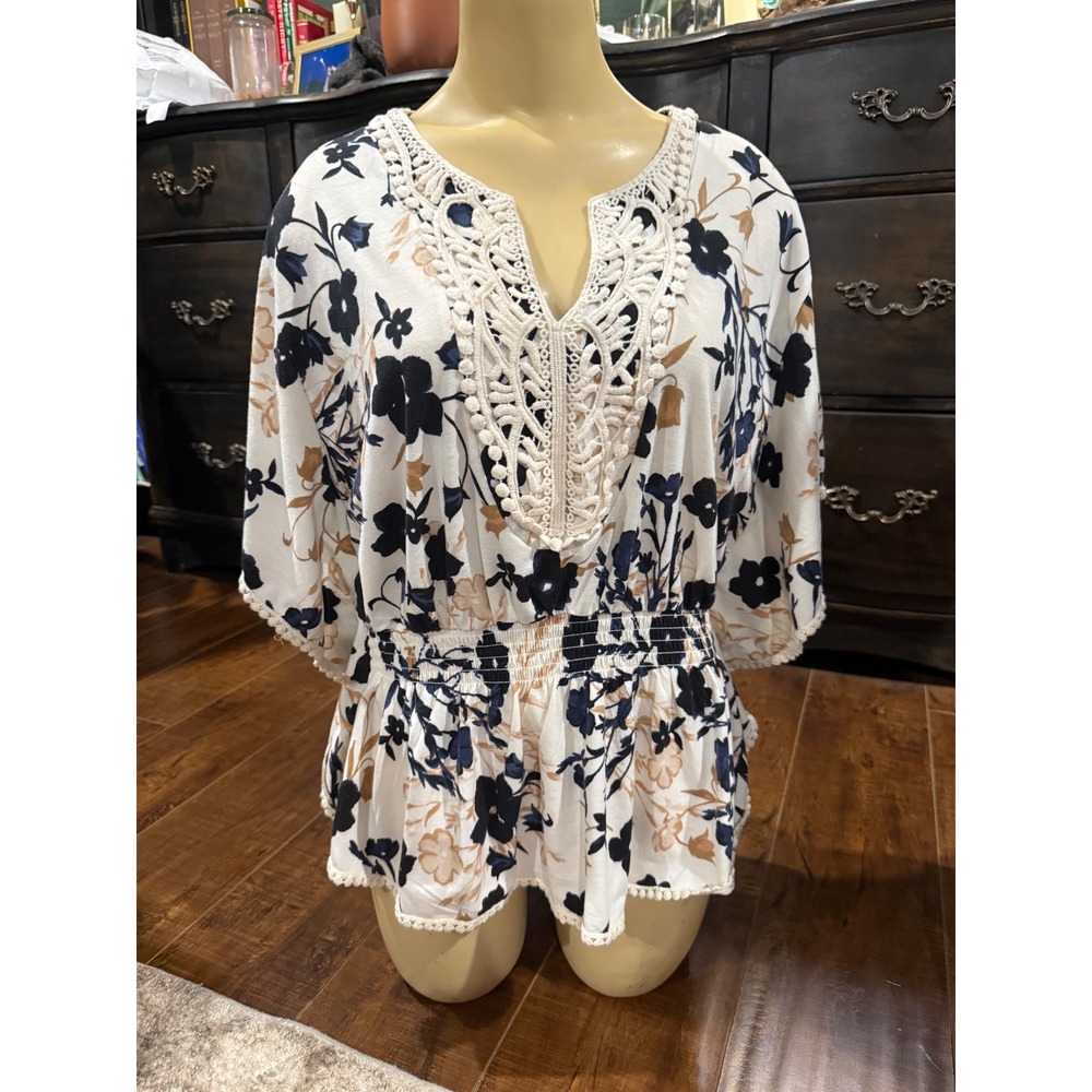 Cocomo Petite Floral Crochet Lace V-Neck Smocked Peplum Top Navy Ivory PM